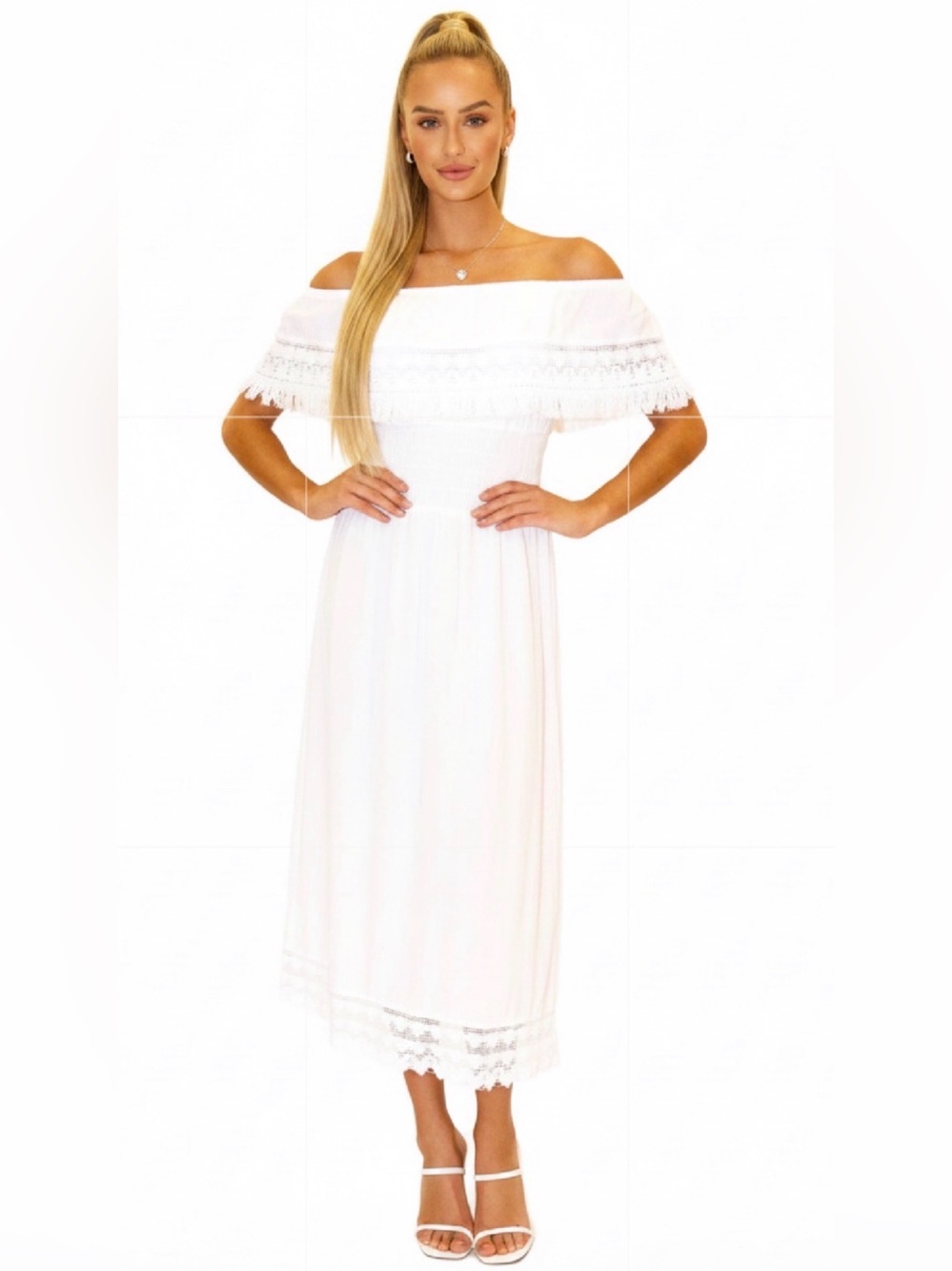 Seaspice Off-Shoulder White Midi Dress with Lace Trim